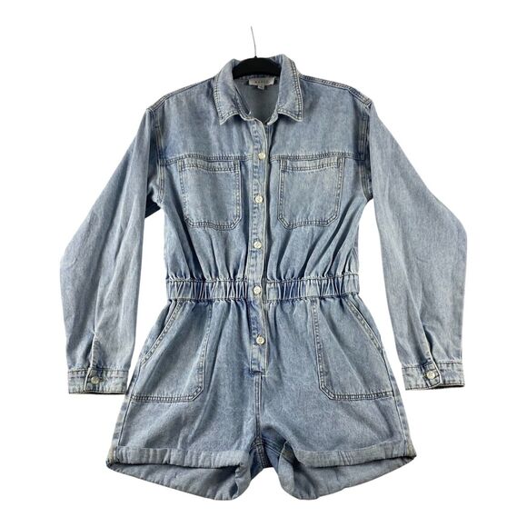 Mable Denim Romper Short Size Large Button Down‎ Long Sleeve Pockets Rayon blend - Picture 1 of 14